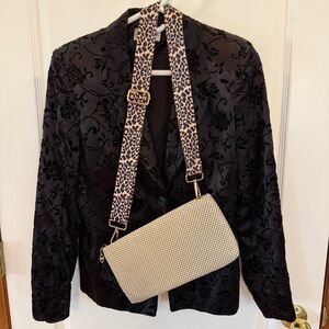 Gantos Vintage Black Blazer W/Velvet Floral Pattern + Cream Metal Mesh Purse